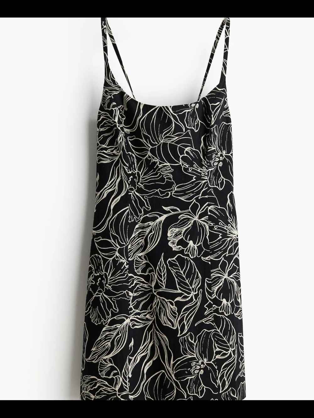 H&M Black Floral Slip Midi Dress with White Line Print